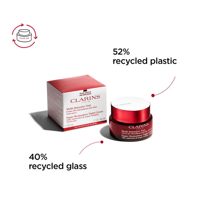 Super-Restorative Night Cream All Skin Types pack and packaging from recycled glass and recycled plastic