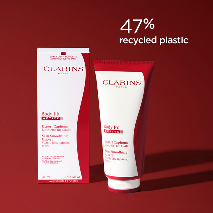 Packshot of the firming body cream, highlighting the packaging made from 47% recycled plastic