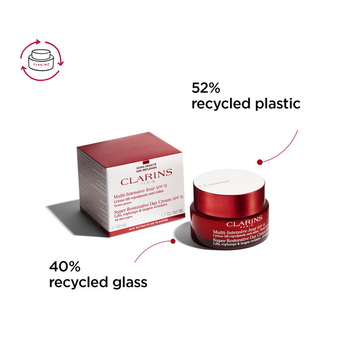 Super-Restorative Day SPF15 cream pack and packaging from recycled glass and recycled plastic